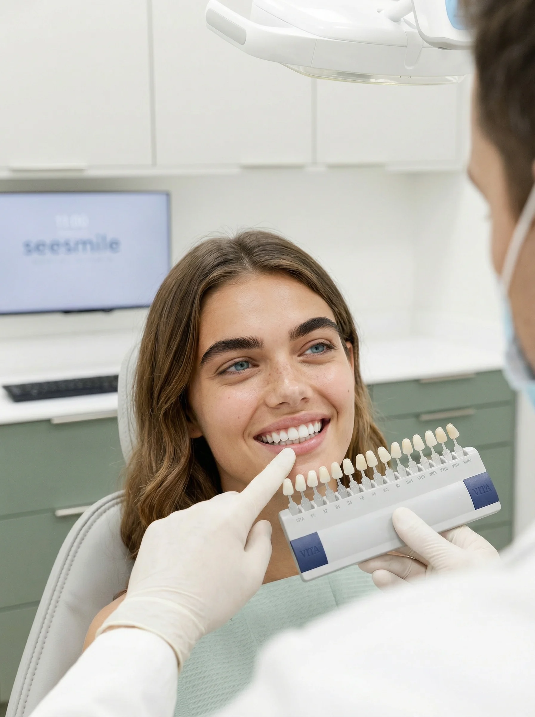 A dentist matching a tooth shade at seesmile