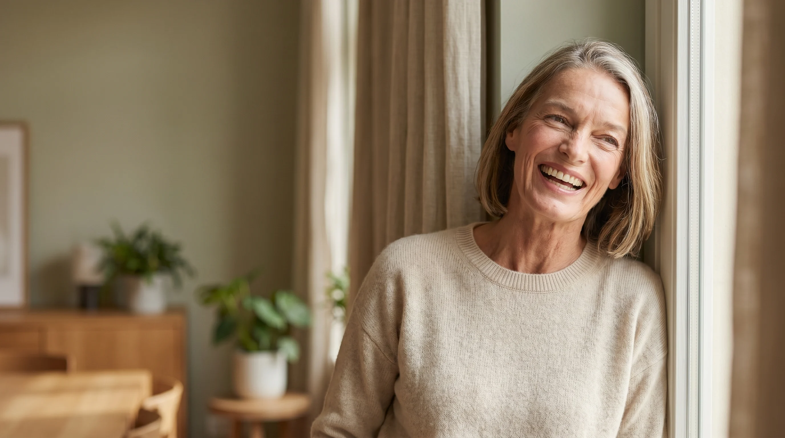 A smiling woman by a sunlit window at home