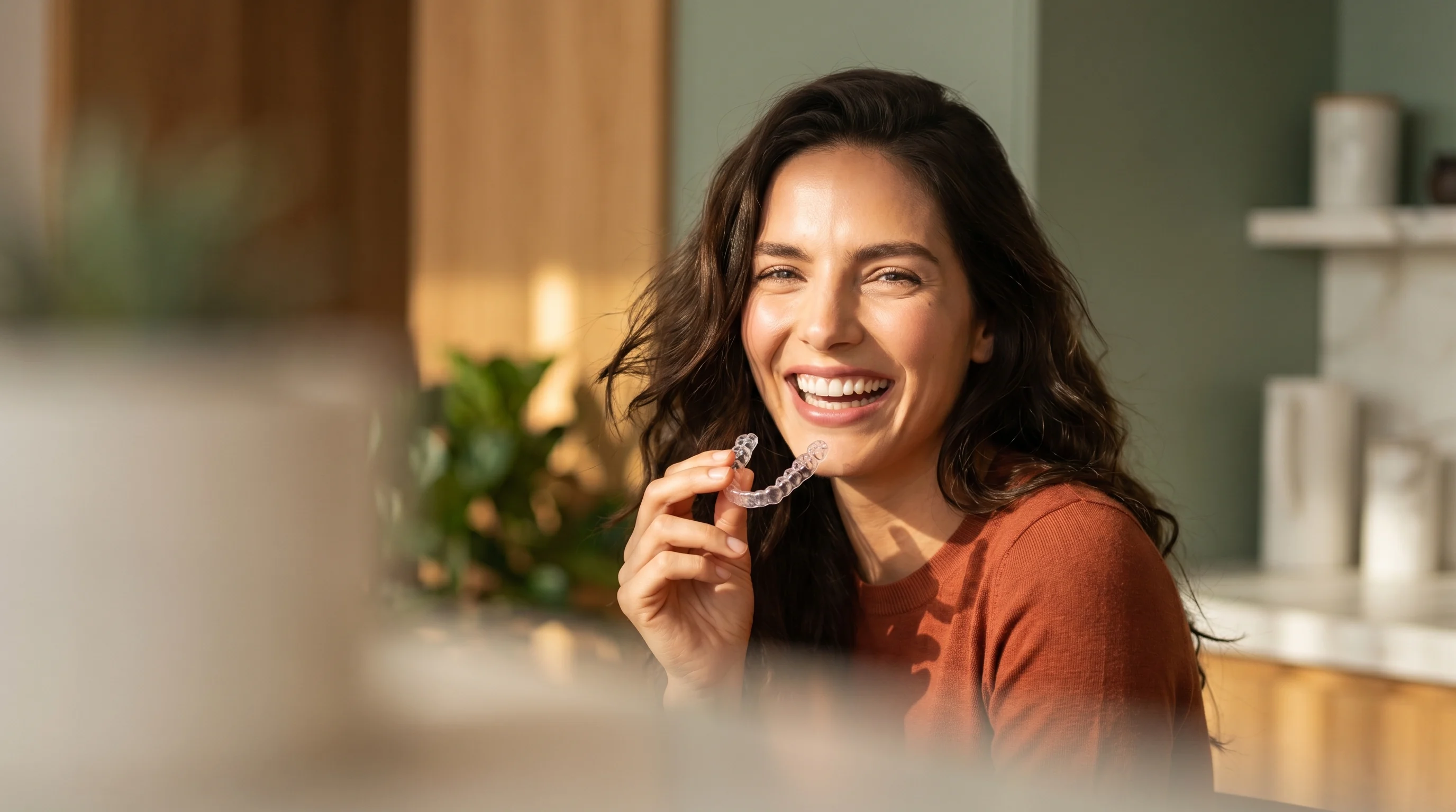 A smiling woman holding a clear aligner in warm natural light
