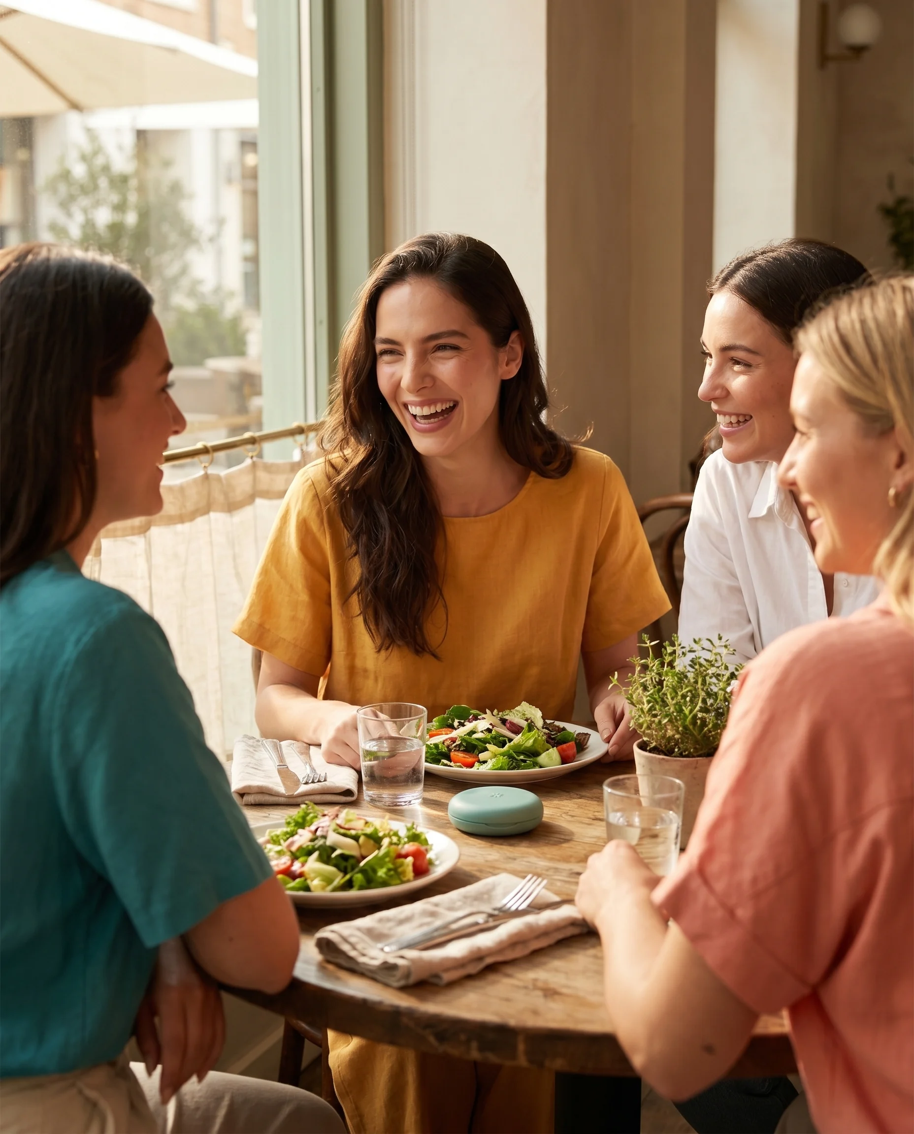 Friends laughing over lunch with an Invisalign case on the table