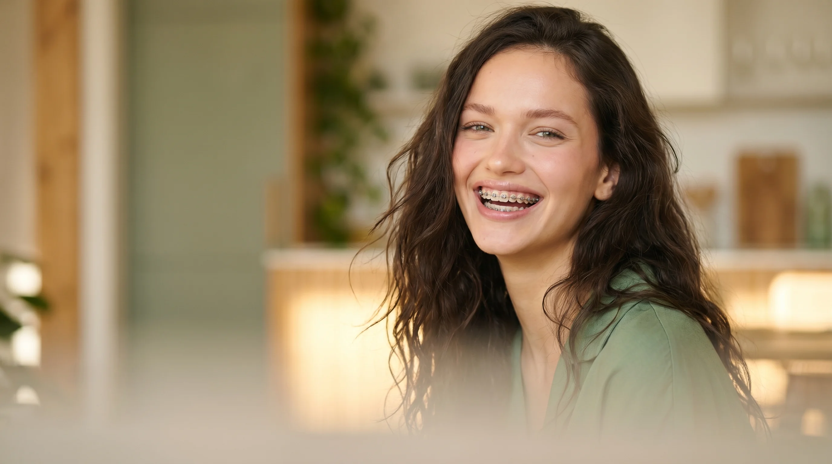 A smiling young woman with braces in a warm, sunlit space