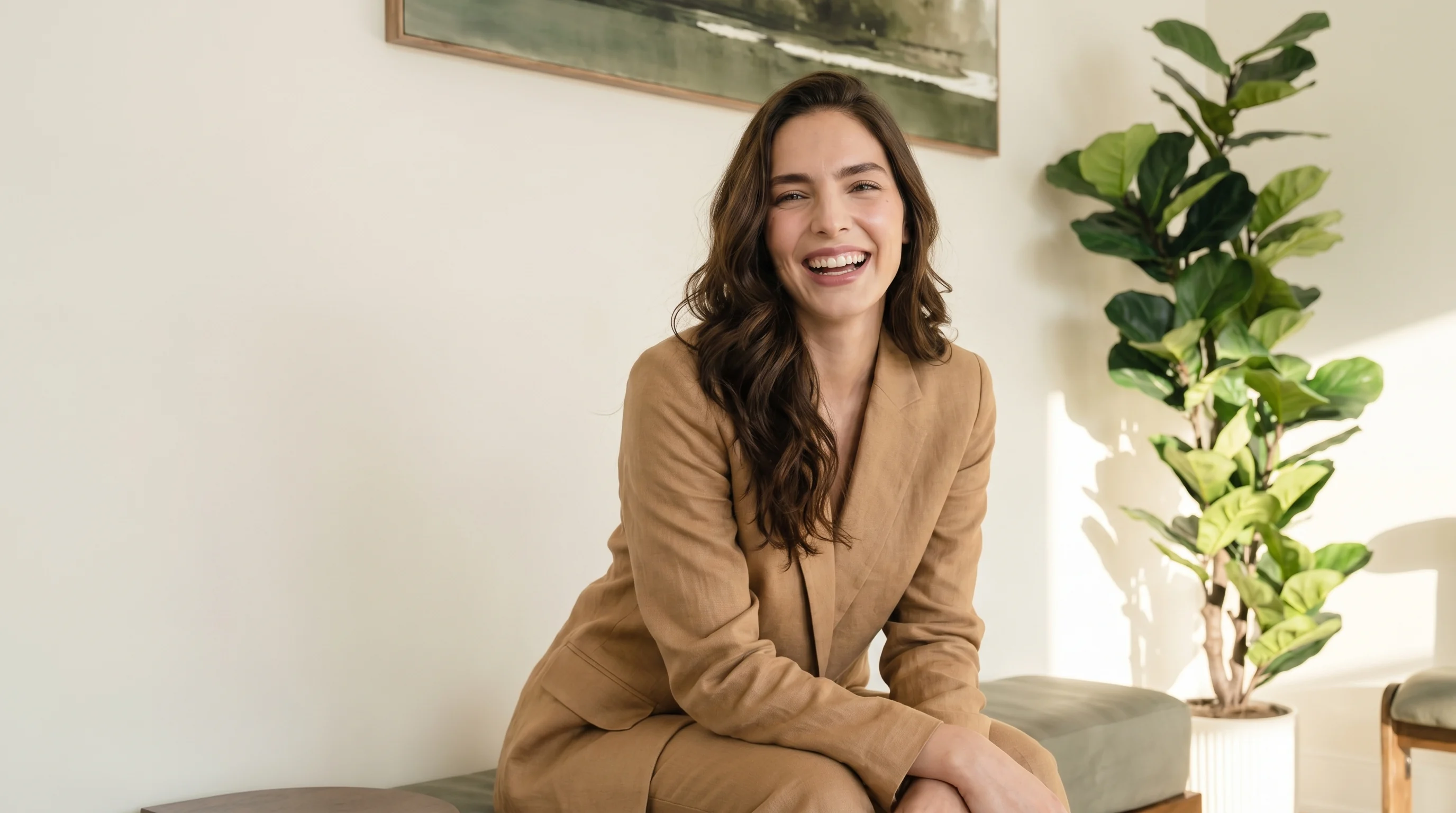 A professional woman laughing in the plant-filled seesmile studio