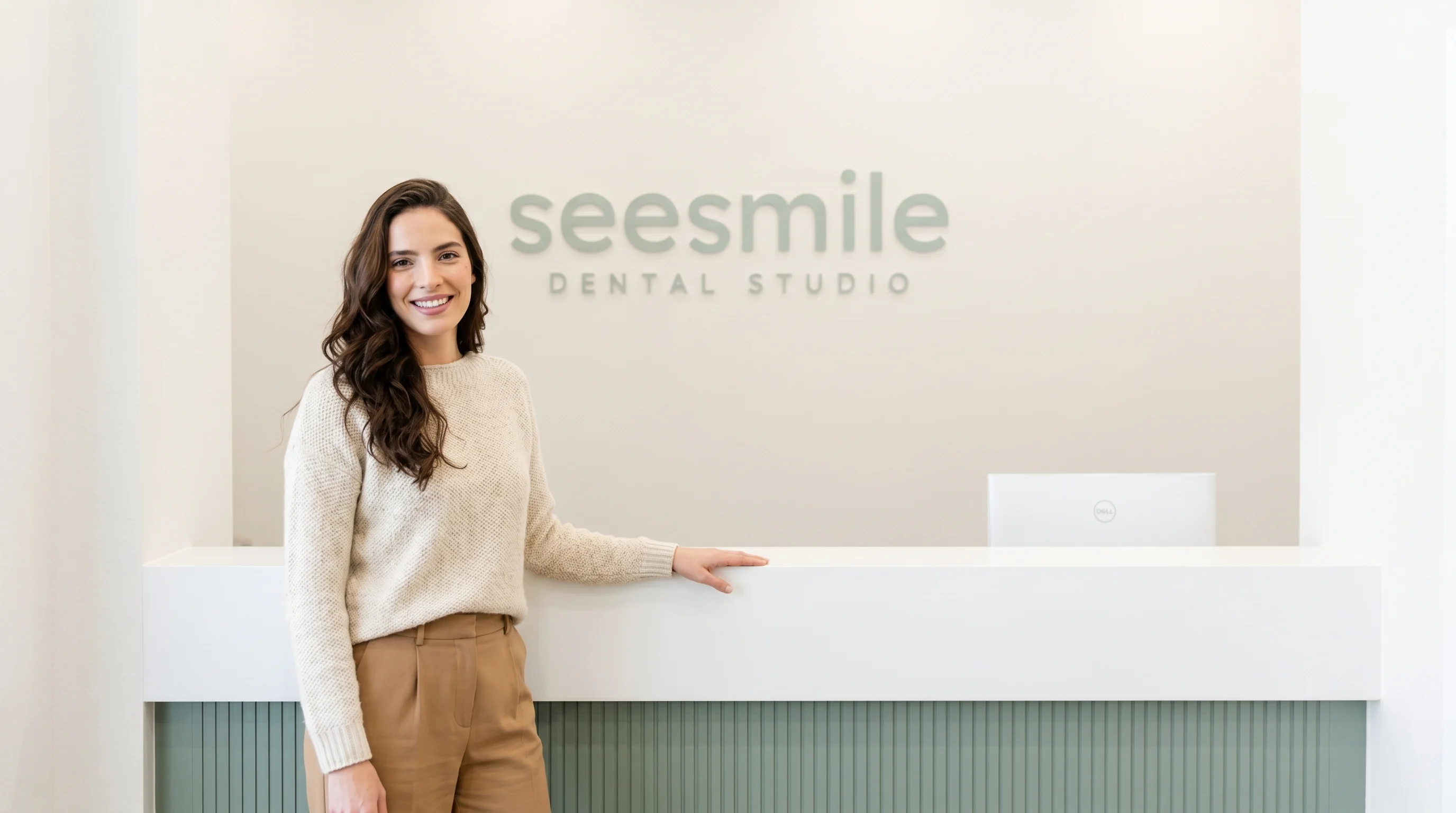 A smiling person at the seesmile Dental Studio reception desk with the brand wall behind