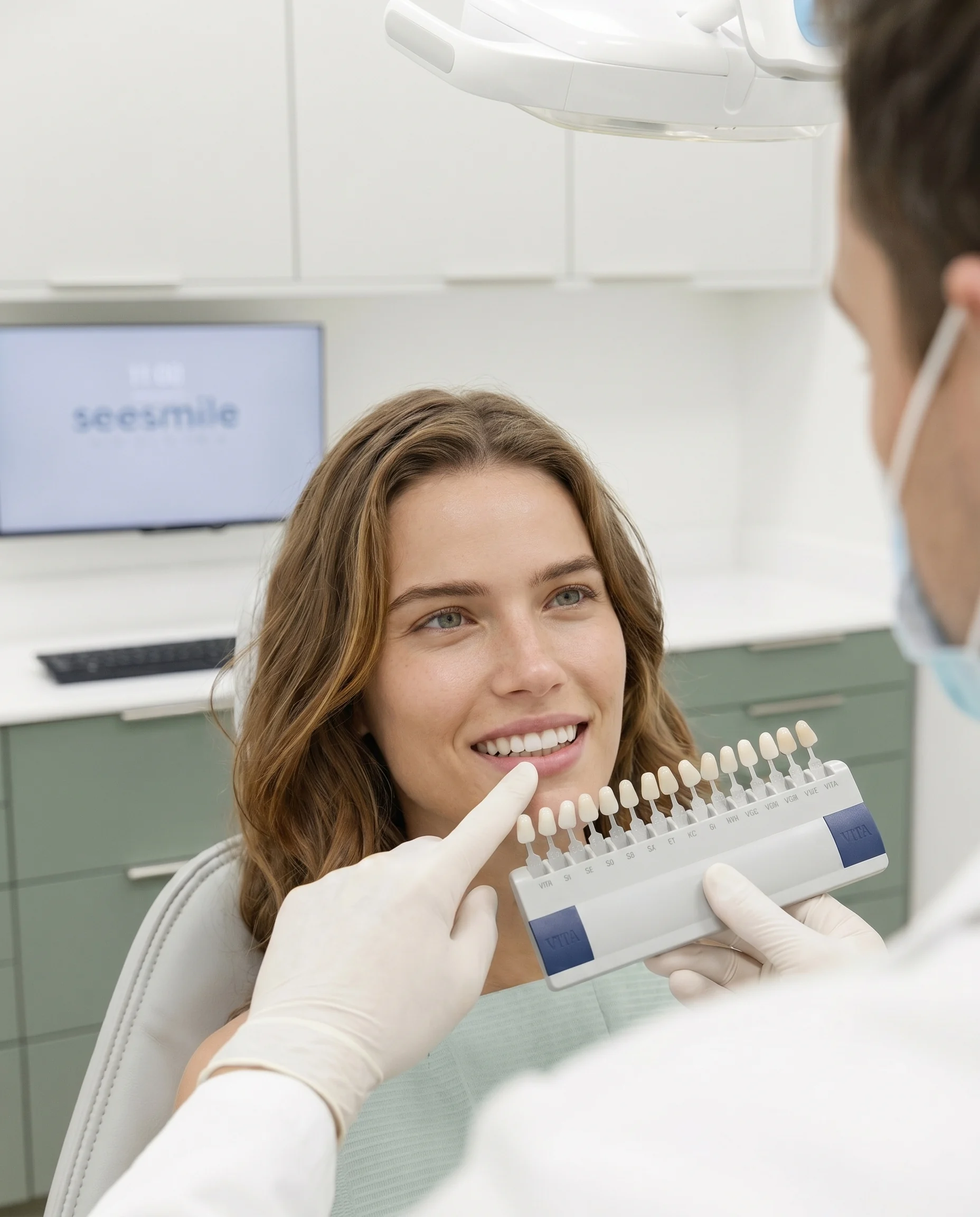 A dentist comparing a tooth shade guide with a smiling person at the seesmile studio