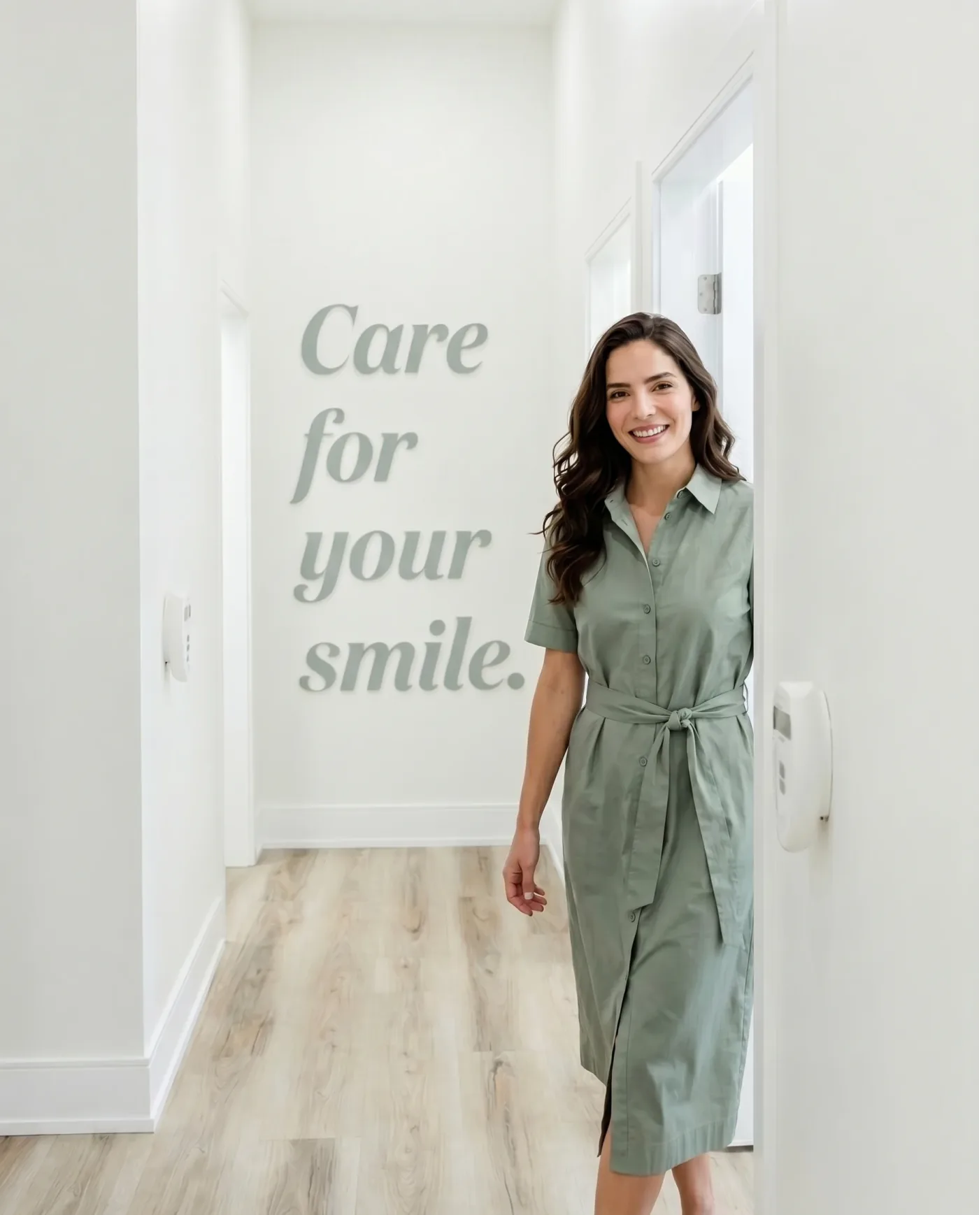 A patient in the seesmile Dental Studio hallway in North York, beside the Care for your smile wall