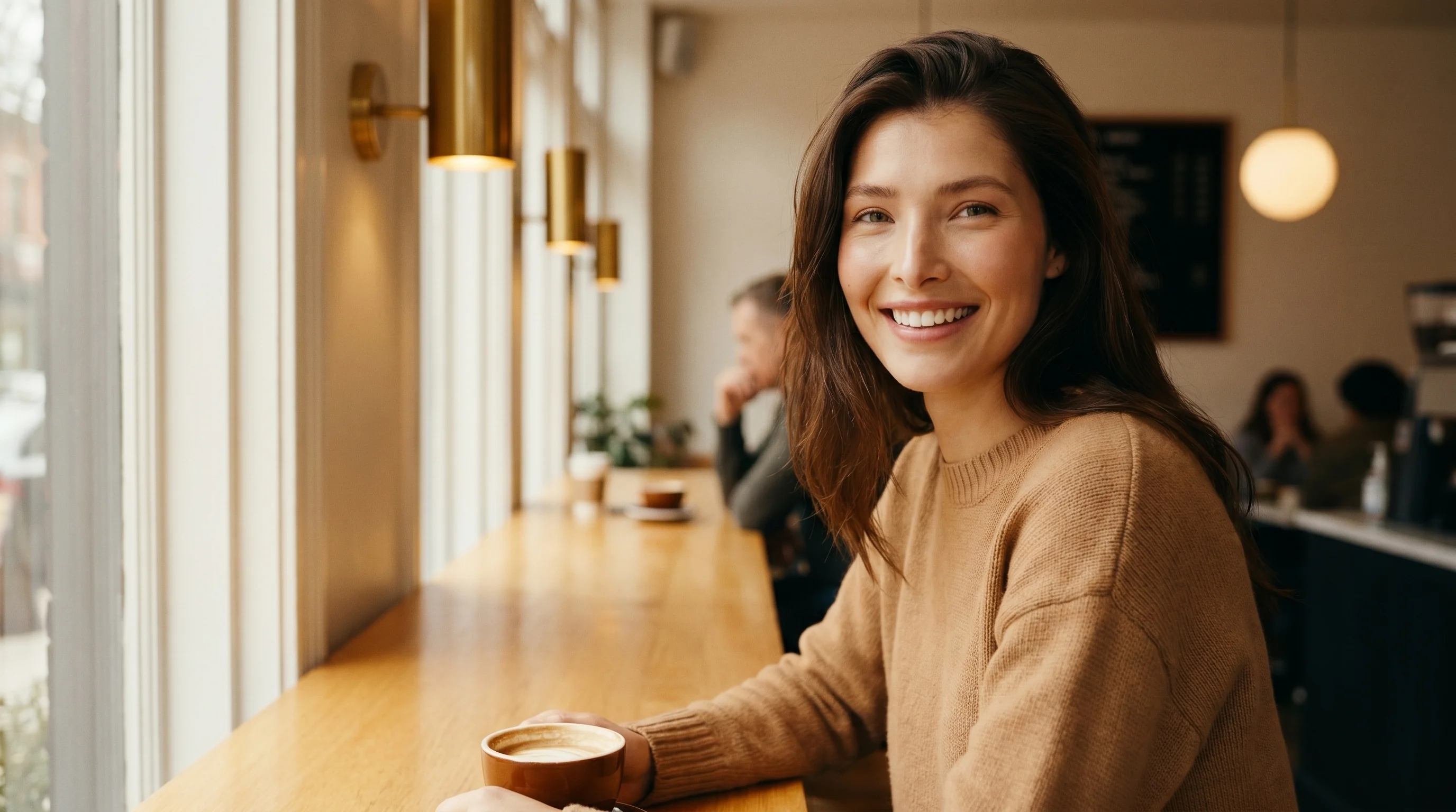 A woman with a bright, natural smile by a sunlit cafe window