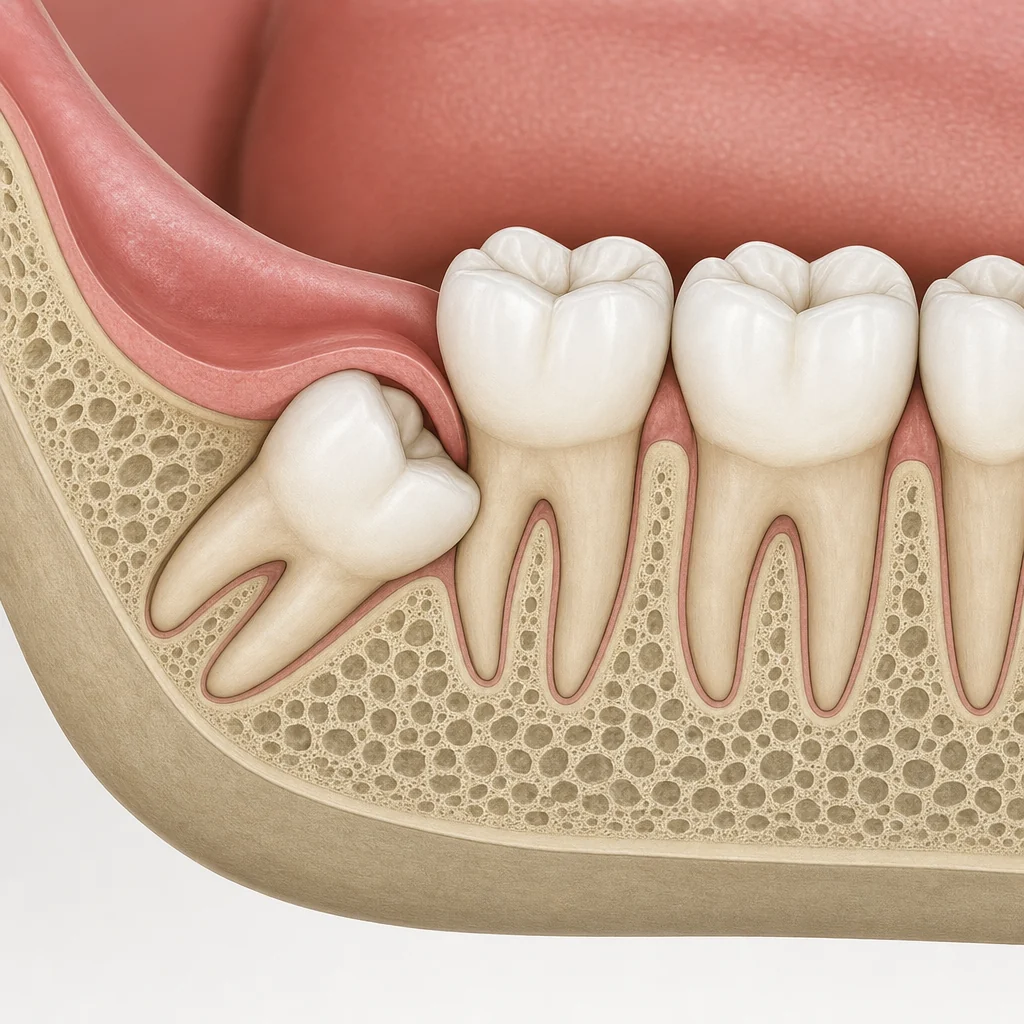 An illustration of an impacted wisdom tooth in the jaw