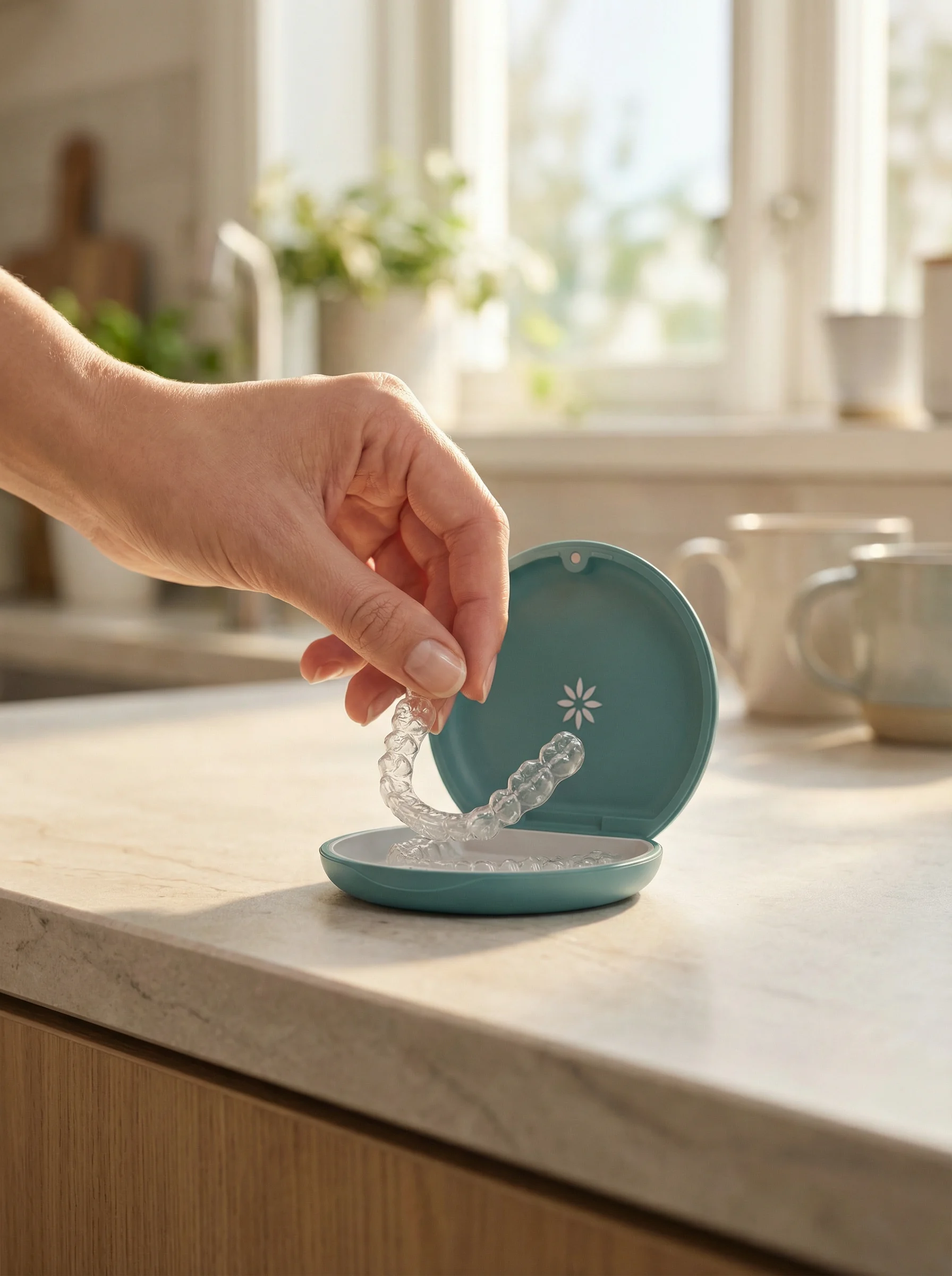 A clear aligner lifted from a seesmile case in a sunlit kitchen