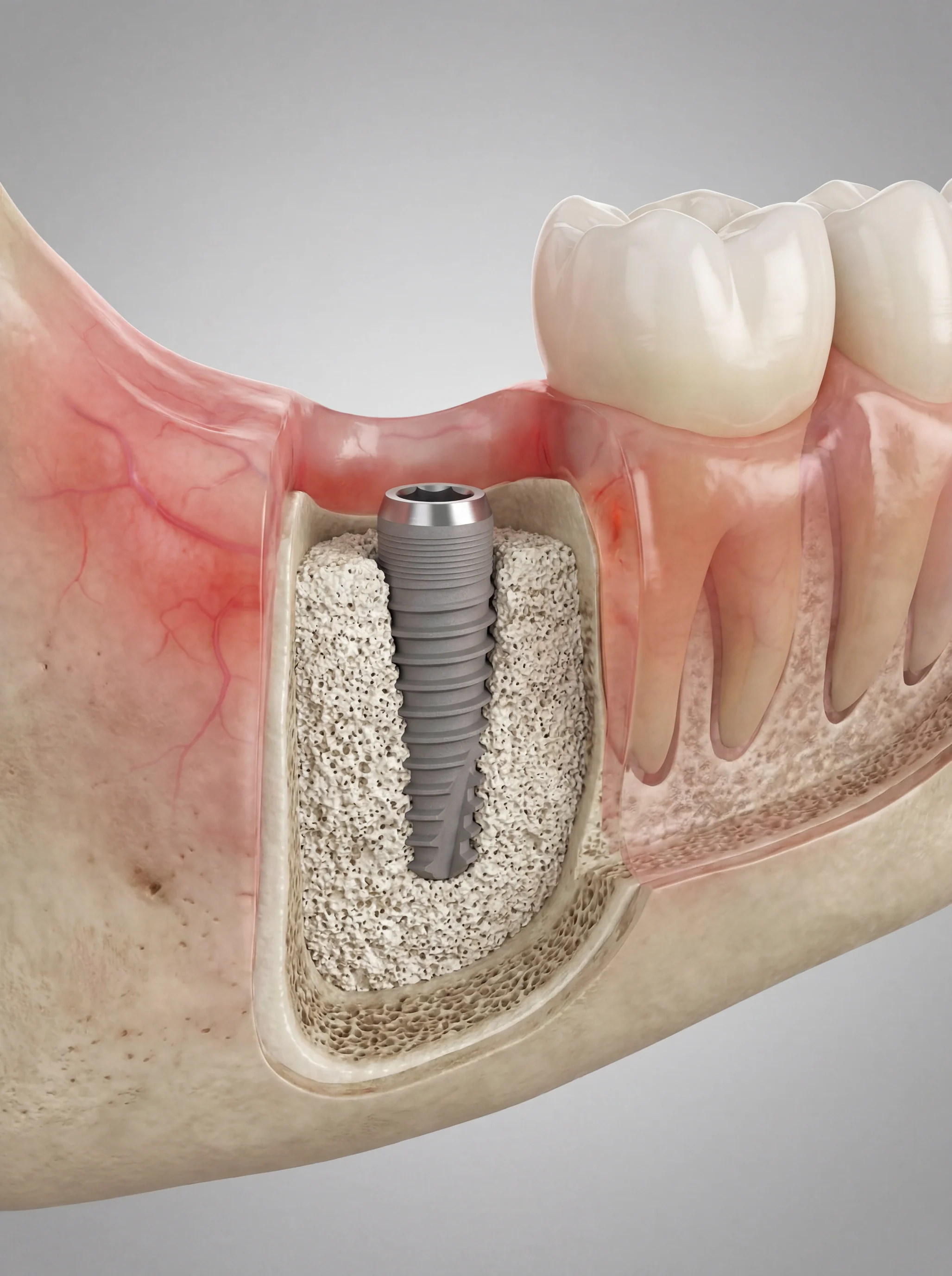 3D illustration of a dental implant set into grafted jawbone
