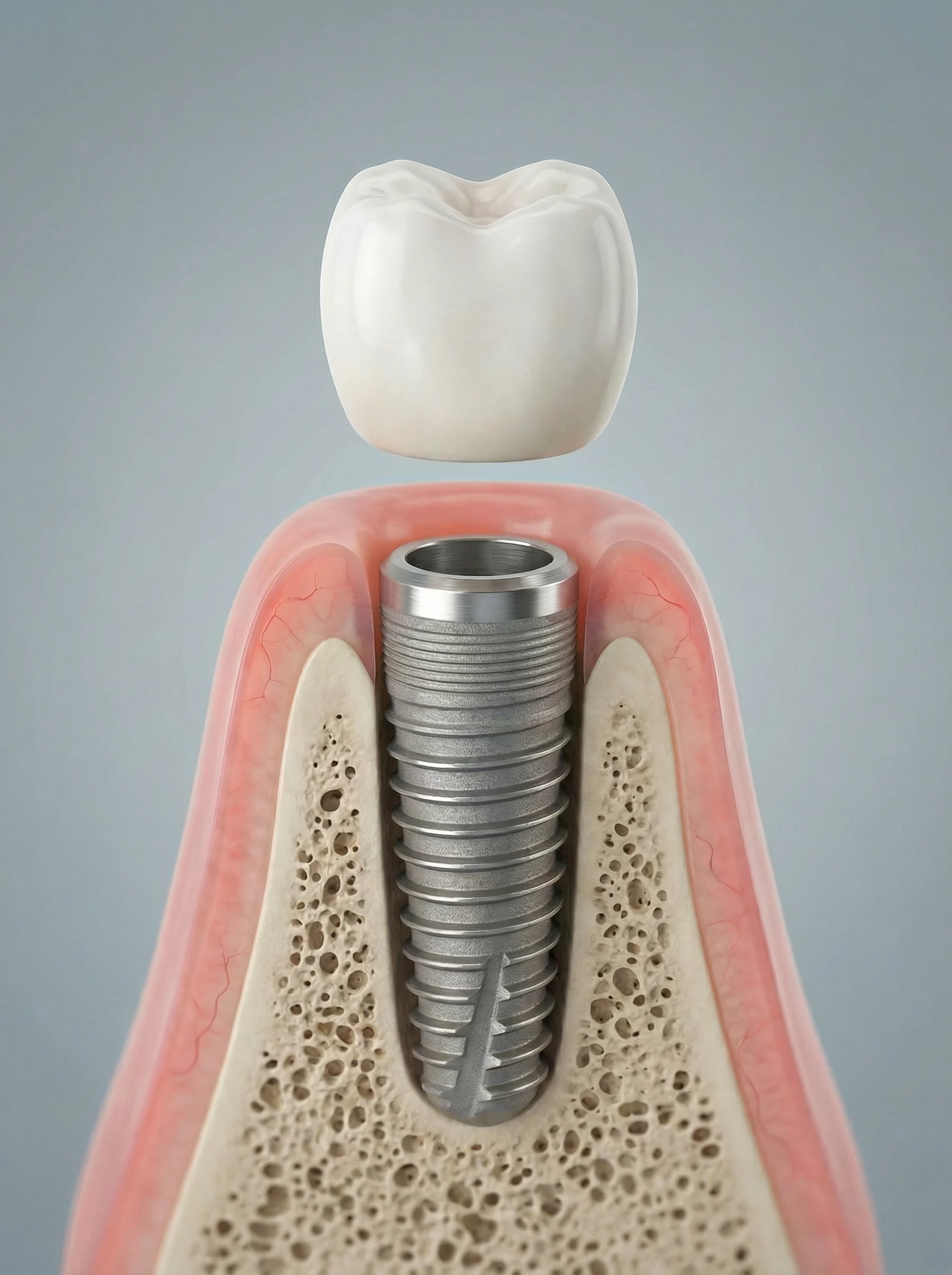 3D illustration of a dental implant: a titanium post in the jawbone with a crown above