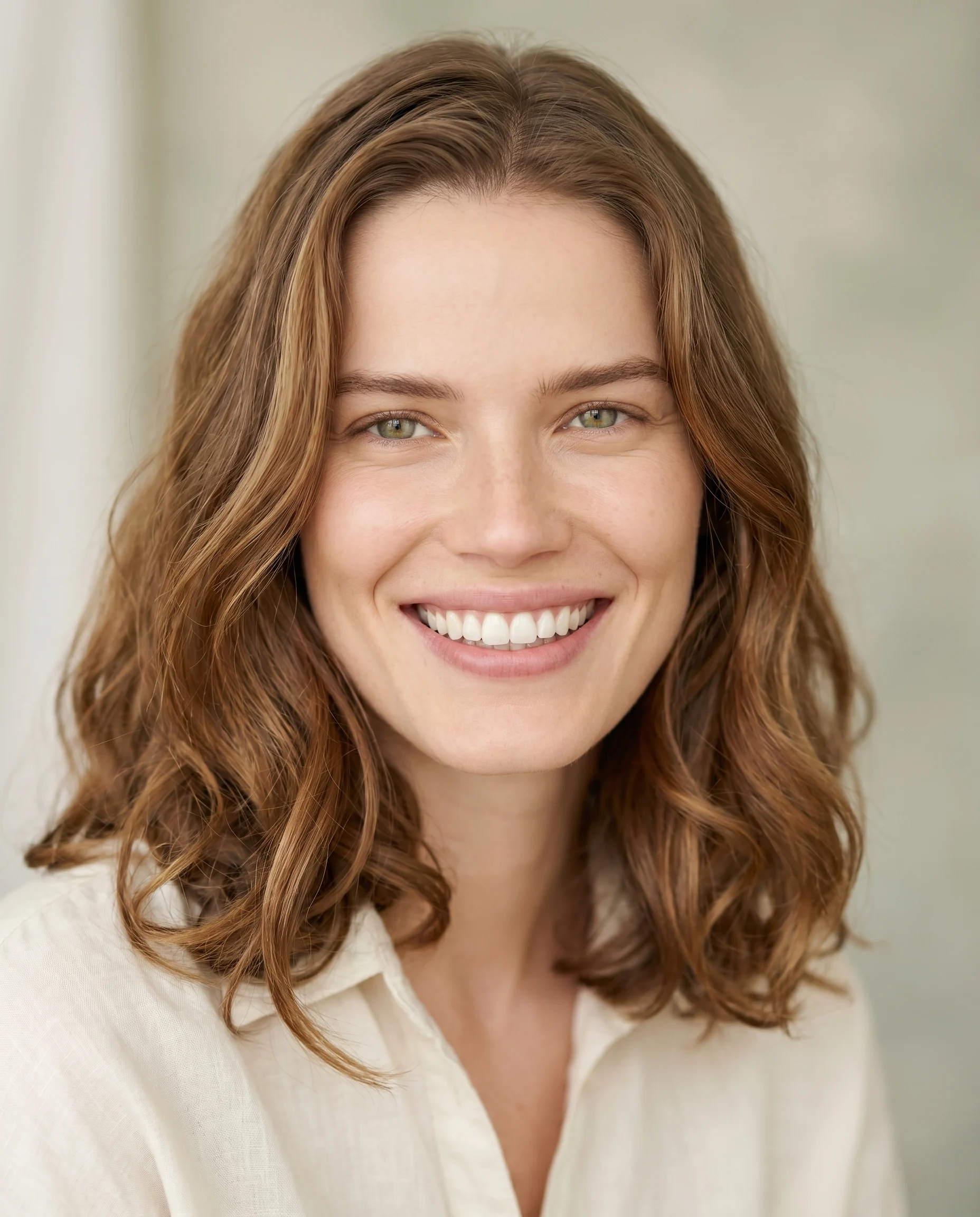 A person with a bright, natural smile in soft daylight